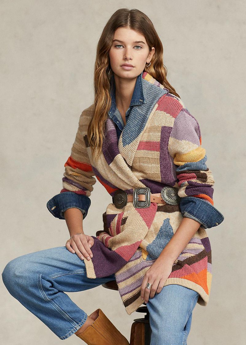 Sueter Polo Ralph Lauren Mujer Geo-Motif Shawl Linen-Blend Cardigan Chile Marrones BAXYS-0746